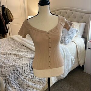 Ribbed Scoop Neckline Button Up Top
